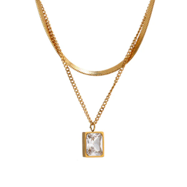 Double layer 18K golden snake chain necklace mini exquisite square diamond crystal pendant necklace