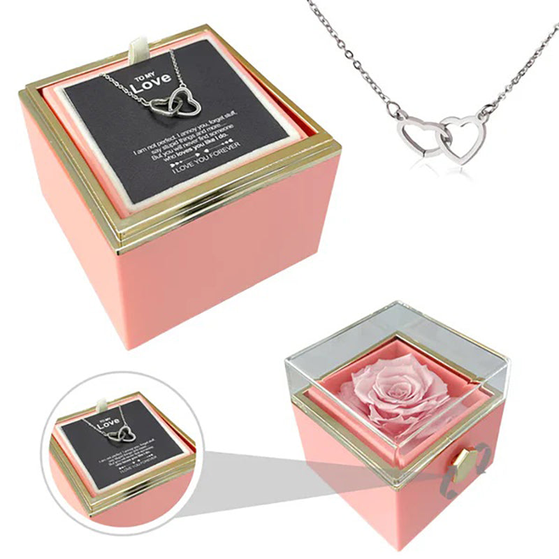 "ETERNAL HEART"-Double Heart Engraved Necklace & Eternal Rose Box