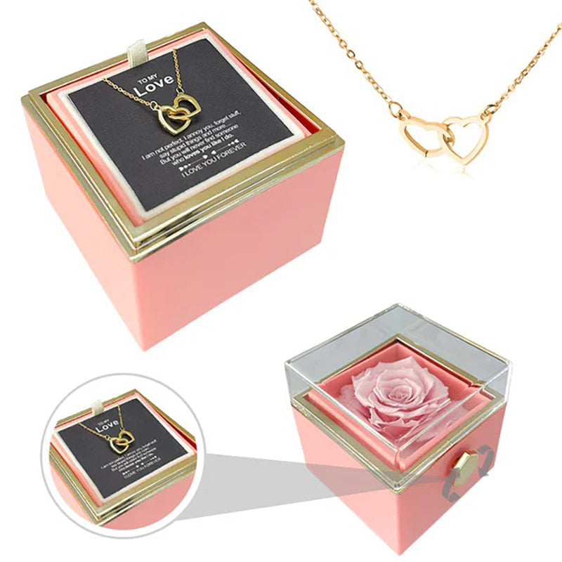 "ETERNAL HEART"-Double Heart Engraved Necklace & Eternal Rose Box