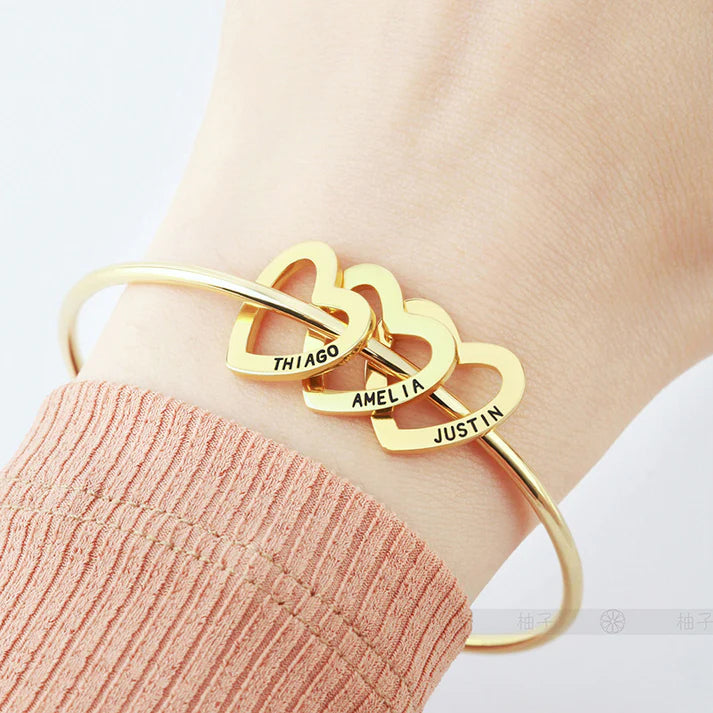 Bangle Bracelet with Custom Heart Pendants in 18K Gold Plating