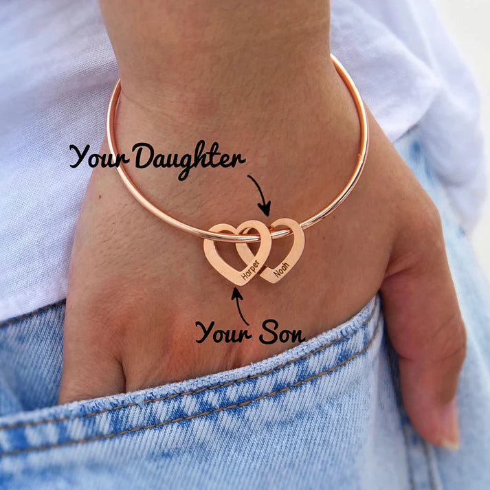 Bangle Bracelet with Custom Heart Pendants in 18K Gold Plating